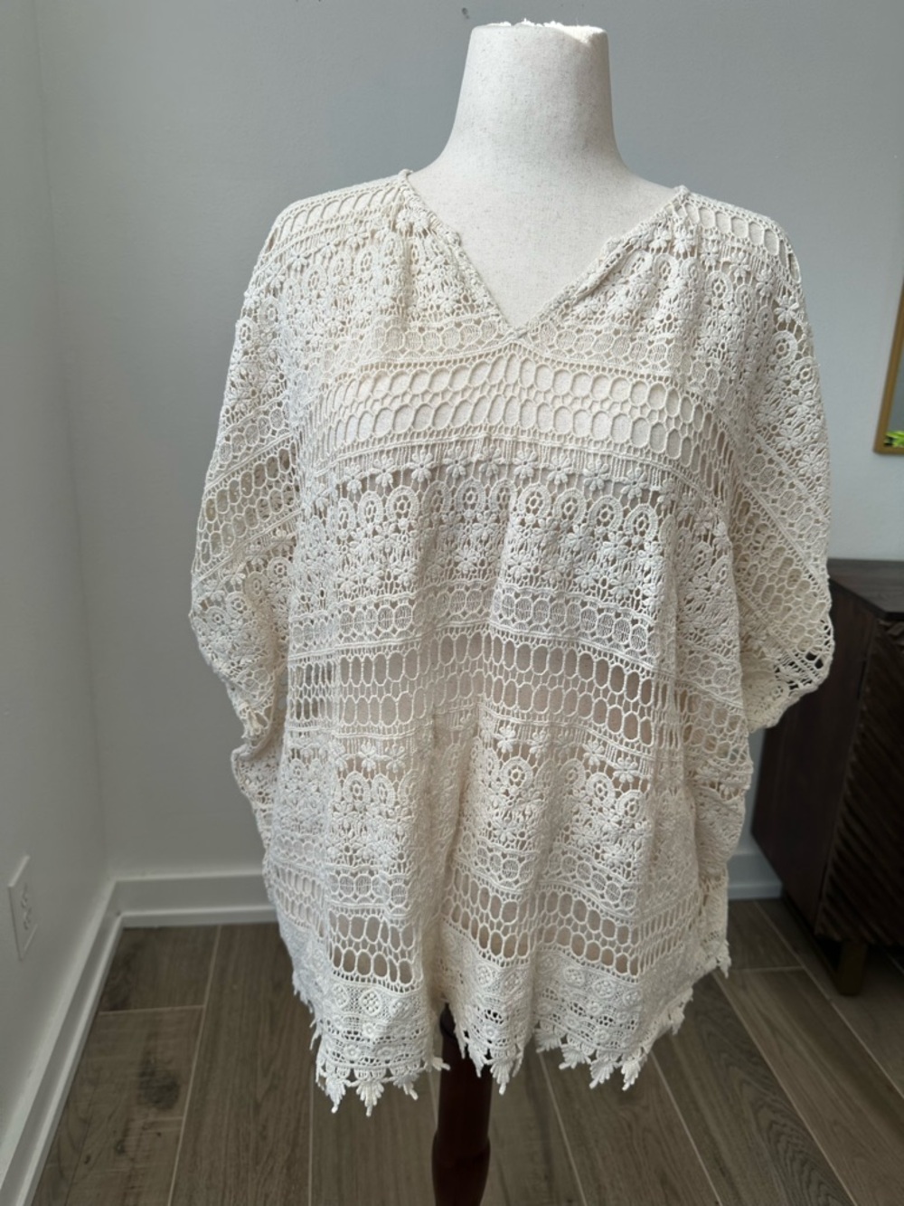 CAbi Lace Crochet Poncho in Beige